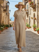 Women's Casual Herringbone Pattern Cotton And Linen Blend Embroidered Maxi Dress ZMZ2765A0K