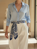 Women's Premium Old Money Style Cupro Silk Shirt And Cotton Blend Trousers Set (scarf Not Included) ZMZ3086A1K