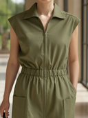 Women's Casual, Vintage Style, Pure Cotton, Elastic Waist, Zipper, Sleeveless Midi Dress ZMZ1136B9K