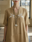 Women's High-end Old-money Style Cotton And Linen Blend Embroidered Short-sleeved Maxi Dress ZMZ2872B1K