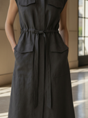 Women's Commuter Style Cotton And Linen Blend Waist-cinching Midi Dress ZMZ2758A3K