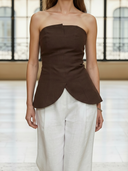 Women's Fashionable Old-fashion Cotton And Linen Blend Strapless Top And Elastic Waist Pants Set ZMZ1220B7K