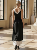 Women's High-end Old-money Style Lyocell Blend Black And White Patchwork Sleeveless Maxi Dress ZMZ2874B4K