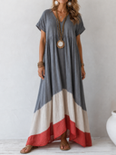 Women's Casual Cotton-Linen Color-Block V-Neck Loose Maxi Dress ZMZ1174F8SWL