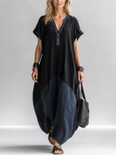 Women's Casual Black & Dark Blue Color-Block V-Neck Short-Sleeve Maxi Dress ZMZ1055F6SWL