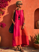 Women's Casual & Vibrant Cotton-Linen Color-Block Sleeveless Midi Dress ZMZ2373E2SWL