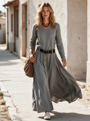 Women's Classic Grey V-neck Long-sleeve Cotton Maxi Dress (belt Included) ZMZ1794I1SWL