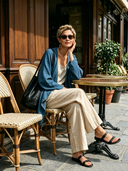Women's Loose Casual Vintage Blue Linen Open-Front Shirt ZMZ0502F5SWL