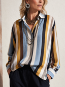 Women's Fashionable Multicolor Striped V-Neck Long-Sleeve Top ZMZ2374G9SWL