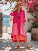Women's Classic Vibrant Cotton-Linen Color-block Pink Shirt Midi Dress ZMZ0217F8SWL