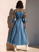 Women's Stylish Denim Coat: Leopard-Print Patchwork, Button-Front, Stand Collar, And Belted Waist ZMZ0986J8SWL