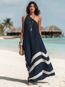 Women's Vacation-Style Cotton-Linen Color-Block One-Shoulder Loose Maxi Dress ZMZ1564E9SWL