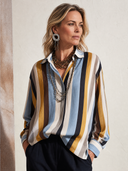 Women's Fashionable Multicolor Striped V-Neck Long-Sleeve Top ZMZ2374G9SWL