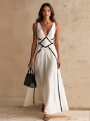 Women's Stylish White Deep V-Neck Sleeveless Ankle-Length Maxi Dress ZMZ2891D3U