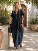 Women's Casual Black & Dark Blue Color-Block V-Neck Short-Sleeve Maxi Dress ZMZ1055F6SWL