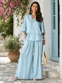 Women's Fashion Light Blue Linen Three-Quarter Sleeve Top And Wide-Leg Pants Set ZMZ1544F4SWL