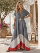 Women's Casual Cotton-Linen Color-Block V-Neck Loose Maxi Dress ZMZ1174F8SWL