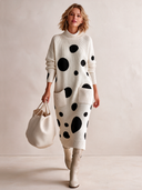 Women's Elegant Polka-Dot Long-Sleeve High-Stretch Knit Midi Dress ZMZ0723I6SWL