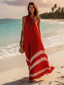 Women's Vacation-Style Cotton-Linen Color-Block One-Shoulder Loose Maxi Dress ZMZ1564E9SWL