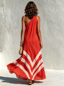 Women's Vacation-Style Cotton-Linen Color-Block One-Shoulder Loose Maxi Dress ZMZ1564E9SWL