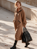 Women's Fashionable Casual Camel Zip-up Collar Long-sleeved Midi Dress ZMZ0455I4SWL