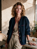 Women's Classic Loose-Fit Navy Cotton-Linen Single-Breasted Jacket With Contrast Piping ZMZ0185I3SWL