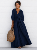 Women's Breezy Cotton-linen Maxi Dress With Lettuce-edge V-neck—perfect For Vacation ZMZ0340G0SWL