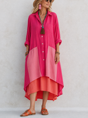 Women's Classic Vibrant Cotton-Linen Color-block Pink Shirt Midi Dress ZMZ0217F8SWL