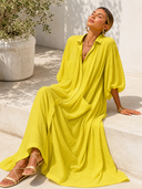Women's Vacation-Style Flowy Lemon Yellow Cotton-Linen Oversized Shirt Dress ZMZ0350G9SWL