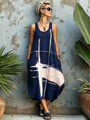 Women's Street-Style Casual Orange Patterned Sleeveless Midi Dress ZMZ2089E7SWL