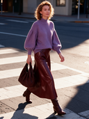 Women's Stylish, Warm, High-neck Purple Knit Sweater With Puff Sleeves ZMZ1497I4SWL