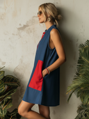 Women's Classic Color-Block Denim Sleeveless Mini Dress With Decorative Buckles And V-Neck ZMZ0346F5SWL