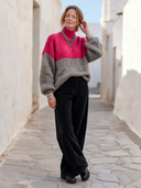 Women’s Fashionable Pink And Grey Color-Block High-Neck Knitted Pullover Sweater ZMZ2720J6SWL