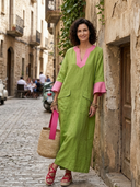 Women's Premium Minimalist Cotton-Linen Patchwork V-Neck Flare-Sleeve Loose Maxi Dress ZMZ2373G8ZYY