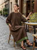 Women's Vintage Casual Cotton-Linen Round Neck And Lantern Sleeves Loose Maxi Dress ZMZ2115G2ZYY