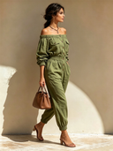 Women's Classic Cotton Army Green Off-Shoulder Front Button Jumpsuit ZMZ2531D1U