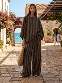 Women's Striped Oversized Top And Wide Leg Pants Two-Piece Set ZMZ0433H2XT