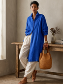 Women's Loose Solid-Color Linen Long-Sleeve Midi  Dress ZMZ0477H3XT