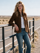 Women's Vintage Western-Style Stand Collar And Cut-Out Embroidery At The Hem Faux Suede Jacket ZMZ2877H0ZYY