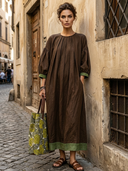 Women's Vintage Casual Cotton-Linen Round Neck And Lantern Sleeves Loose Maxi Dress ZMZ2115G2ZYY