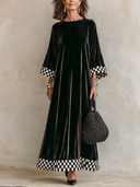 Women’s American-style Vintage Loose-fit Maxi Dress Featuring A Round Neck, Flared Sleeves, And A Combination Of Velvet And Black-and-white Checkered Fabric ZMZ3059J7ZYY