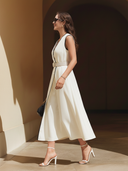 Women's Old-Money Style White Rayon V-neck Sleeveless Midi Dress (with Belt) ZMZ2622B6U