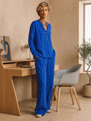 Women's Linen Long-Sleeve V-Neck Top And Wide-Leg Pants Two-Piece Set ZMZ2756G5XT