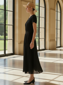 Women's High-end Vintage-style Pleated Fabric V-neck Short-sleeved Maxi Dress ZMZ2782B0K