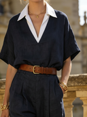 Women's Retro Casual Cotton Linen Short-Sleeve Shirt And Trousers Two-Piece Set ZMZ2681B9TO