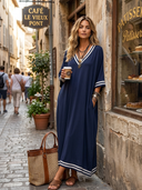 Women's Vintage Casual Cotton-Knit Elbow-Length Sleeves V-Neck Loose Midi Dress ZMZ2158G4ZYY