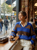 Women's Casual Retro Blue And Brown Horizontal Stripe Color-Block V- Neck Long-Sleeve Sweater ZMZ0404H2ZYY