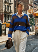 Women's Casual Retro Blue And Brown Horizontal Stripe Color-Block V- Neck Long-Sleeve Sweater ZMZ0404H2ZYY