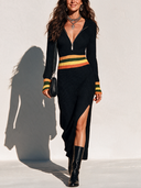 Women's Fashion Color-Block Long-Sleeve Knit Dress With Zipper Collar And Side Slit ZMZ2714H0SWL