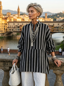 Women's Vintage Casual Linen Blend Vertical Stripes Mandarin Collar, and Lantern Sleeves Loose Blouse ZMZ2818E2ZYY